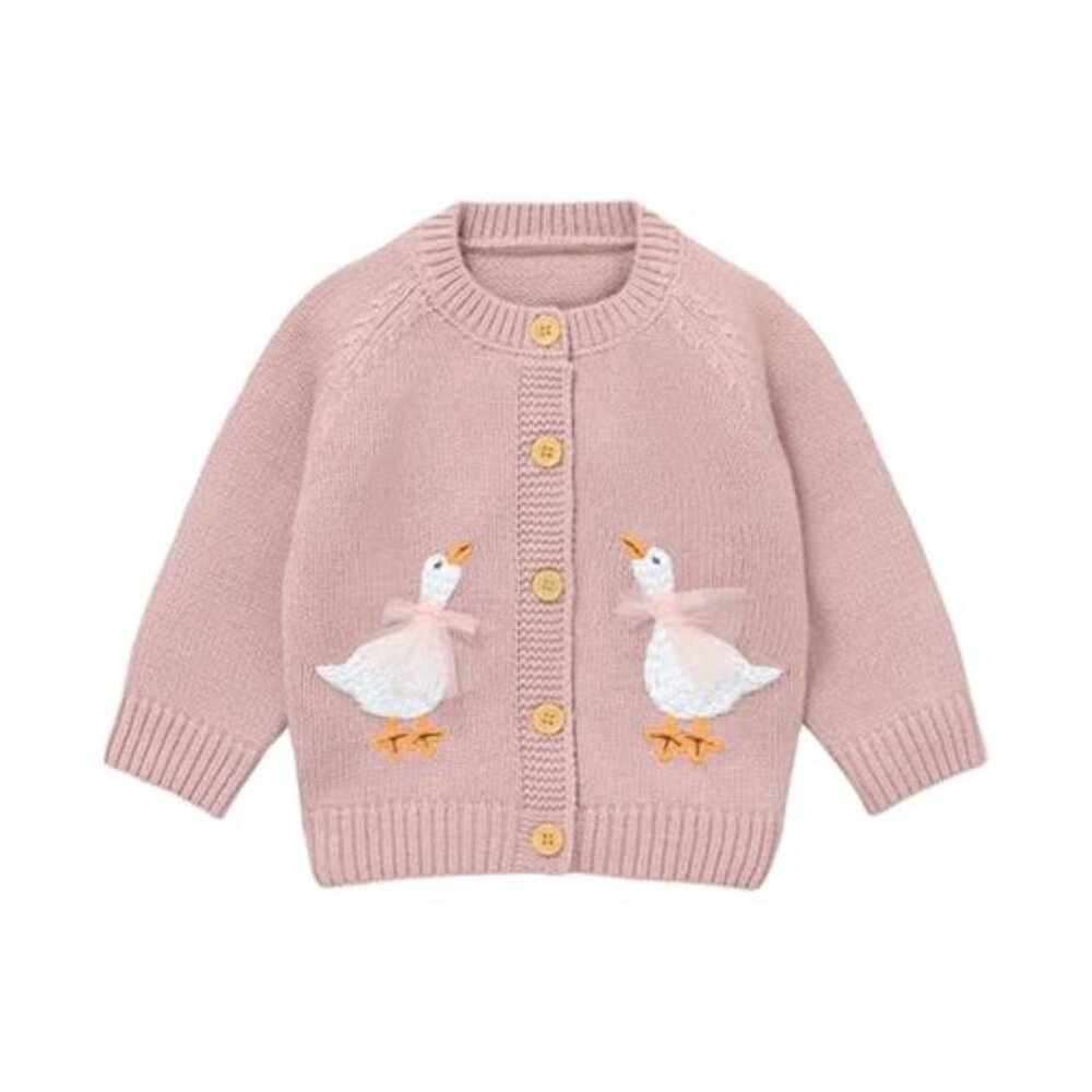 ADORABLE Embroidered Goose Geese Girl's Toddlers Knit Cardigan Sweater 12-18 Mos
